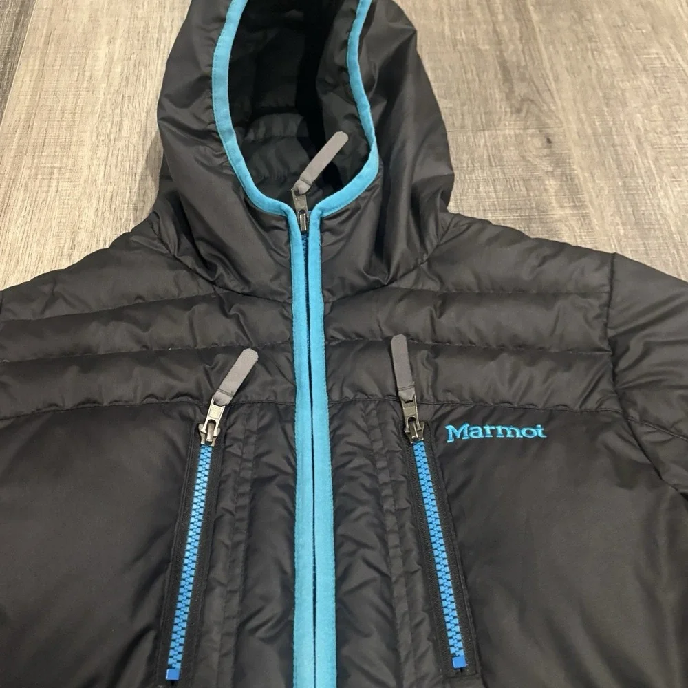 Marmot C97420 Girls XL Hooded Puffer Jacket Gray Blue 700 Fill Down Woven